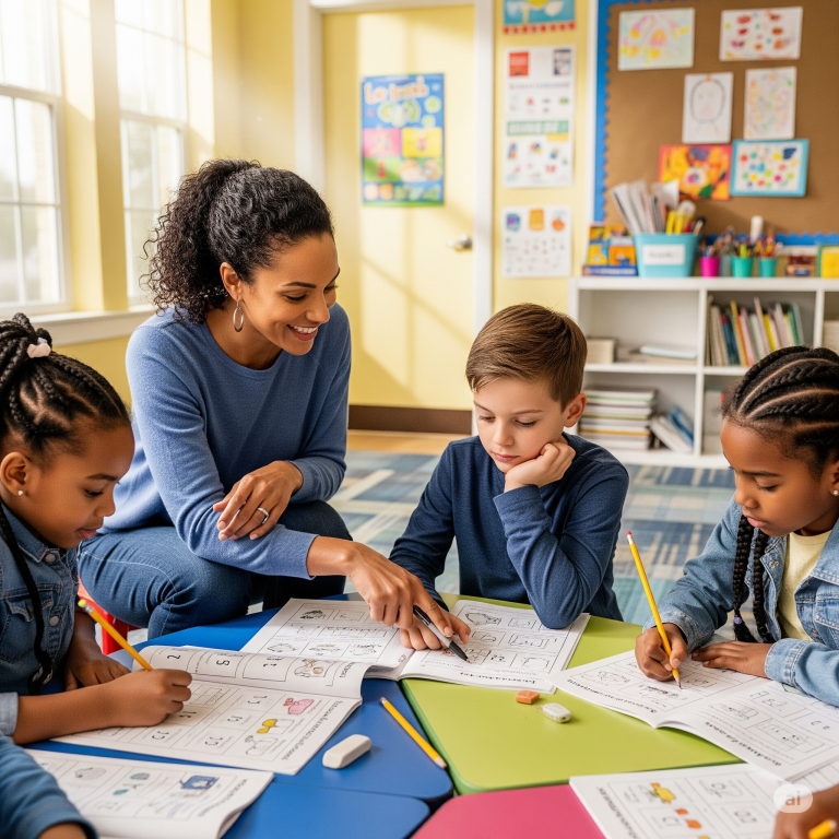 Teacher and students using free printable worksheets at WorksheetPoint